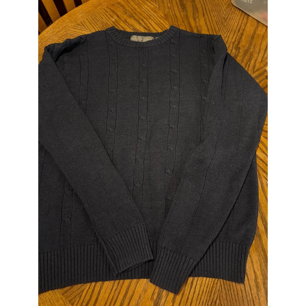 Oscar de la Renta Mens Navy Blue Cable Knit Crew Neck Sweater Size L